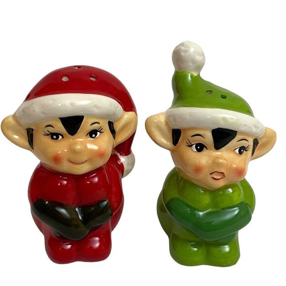 Christmas Elves Salt and Pepper Shakers Holiday Ceramic Decor - Picture 1 of 5